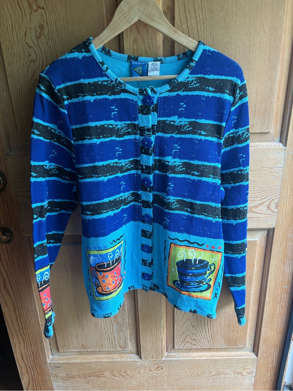 Onque Blue Striped Button Cardigan with Coffee Cup Motif | Unique | Small
